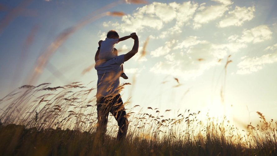 Silhouette of a father carrying a child on his shoulders in a grassy field at sunset.