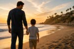 A man and child walking on a beach